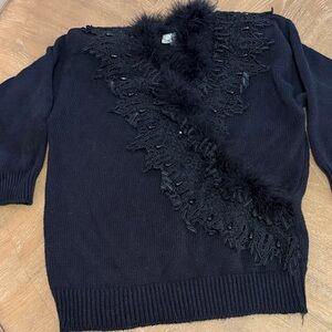 Elegant Black Sweater with Feather & Black Beading  Accents